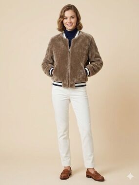Joie Taupe Faux-Fur Sherpa Varsity Jacket with Navy & White Trim